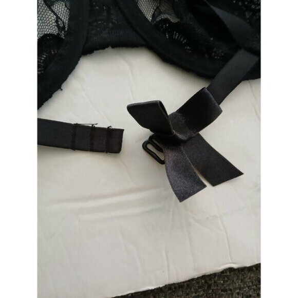 Elegant Black Lace Floral Unlined Demi Underwire Bra 32C Rhinestone Bling Mesh - Picture 7 of 8